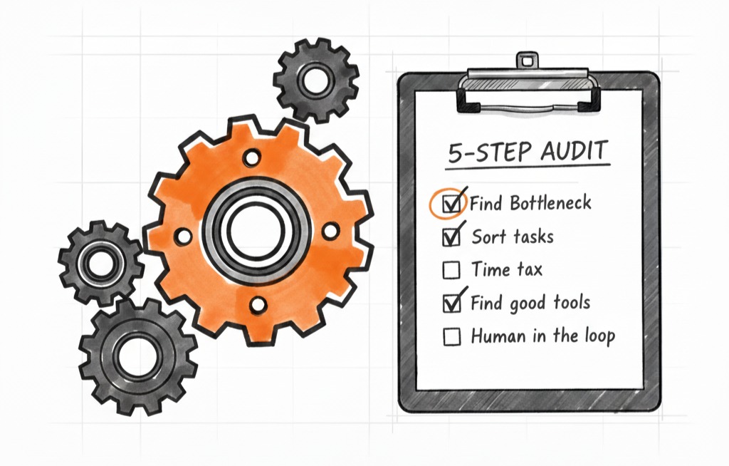 A hand-drawn diagram features a large central orange gear interlocking with smaller charcoal gray gears on the left, symbolizing a bottleneck. On the right, a charcoal gray clipboard displays a 5-STEP AUDIT checklist. The first item, Find Bottleneck, is checked and circled in orange, while the subsequent items, Sort tasks, Time tax, Find good tools, andHuman in the loop, are also checked. The entire composition is set on a clean white digital canvas with faint, non-bordering grid lines, rendered in a professional industrial design marker sketch style.
